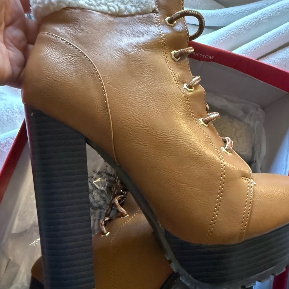 Shoe Dazzle Tan Heeled Boots with Faux Fur - Picture 3 of 3